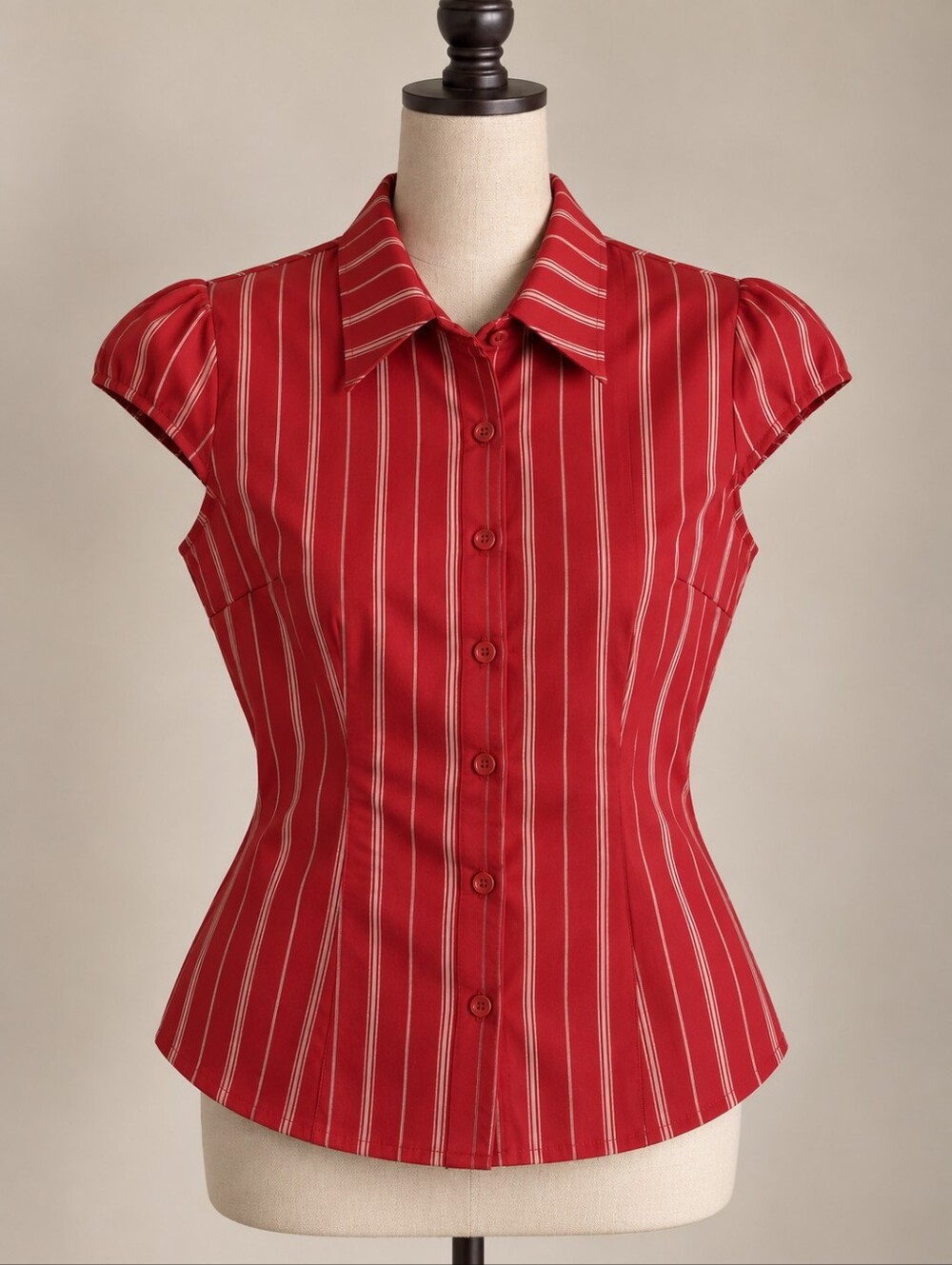 MUSERA Red & White Striped Cap Sleeve Button-Up Blouse – Size Small